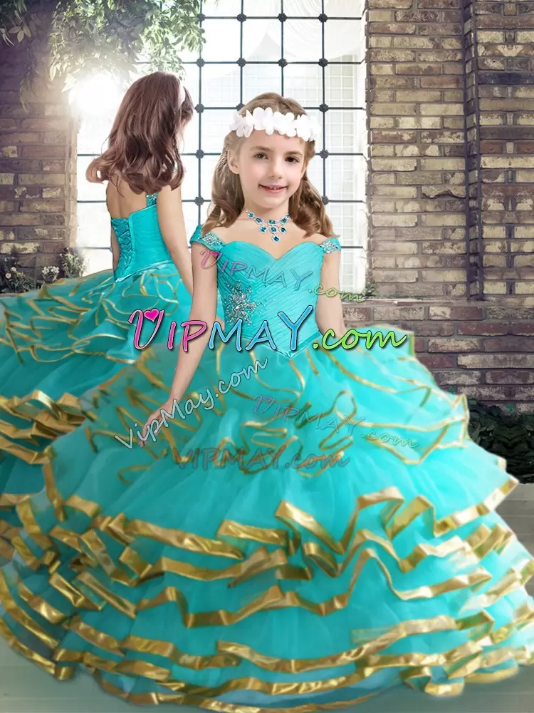 Custom Fit Aqua Blue Lace Up 15 Quinceanera Dress Beading and Ruffled Layers Sleeveless Floor Length