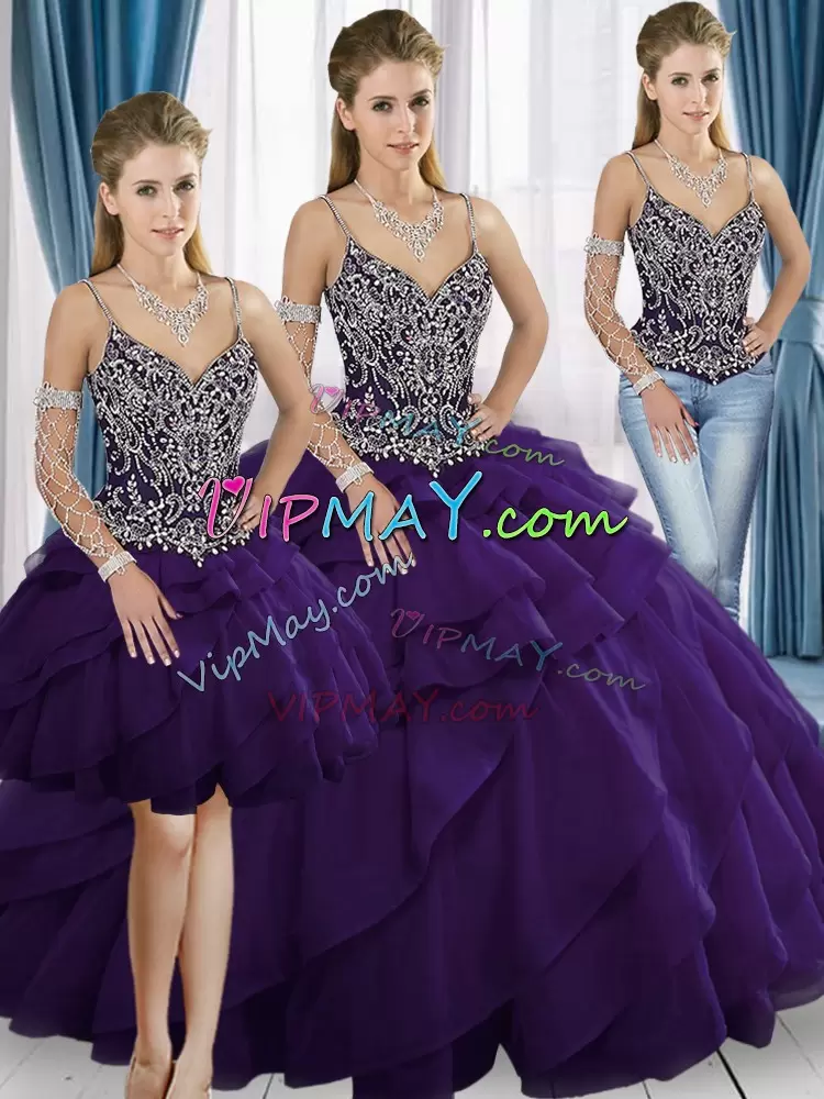 Purple Sleeveless Sweep Train Beading and Embroidery Floor Length Sweet 16 Quinceanera Dress