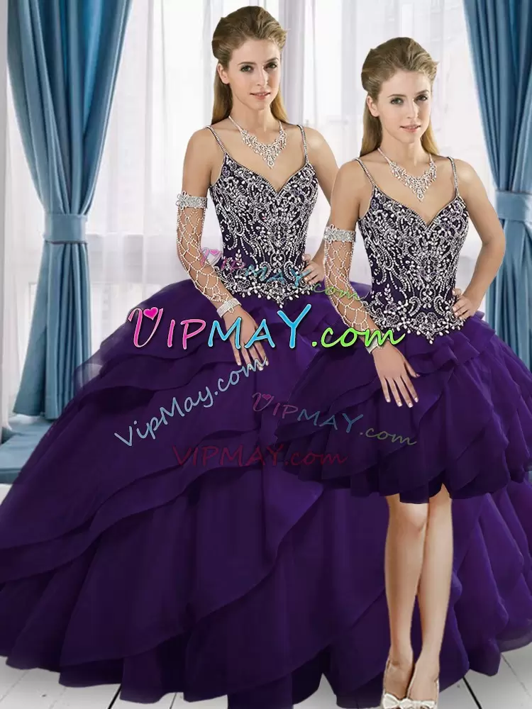 Purple Sleeveless Sweep Train Beading and Embroidery Floor Length Sweet 16 Quinceanera Dress