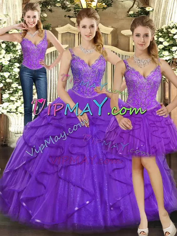 Sleeveless Floor Length Beading and Ruffles Lace Up Quinceanera Gowns with Purple