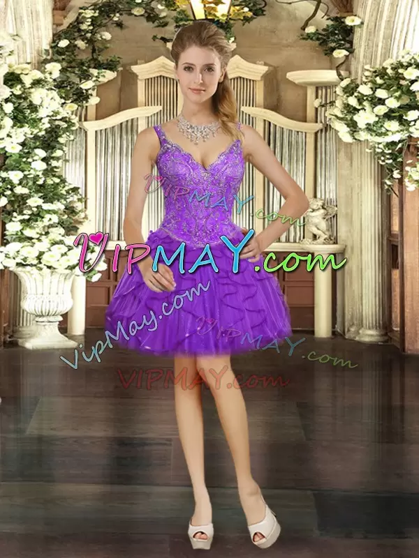 Sleeveless Floor Length Beading and Ruffles Lace Up Quinceanera Gowns with Purple