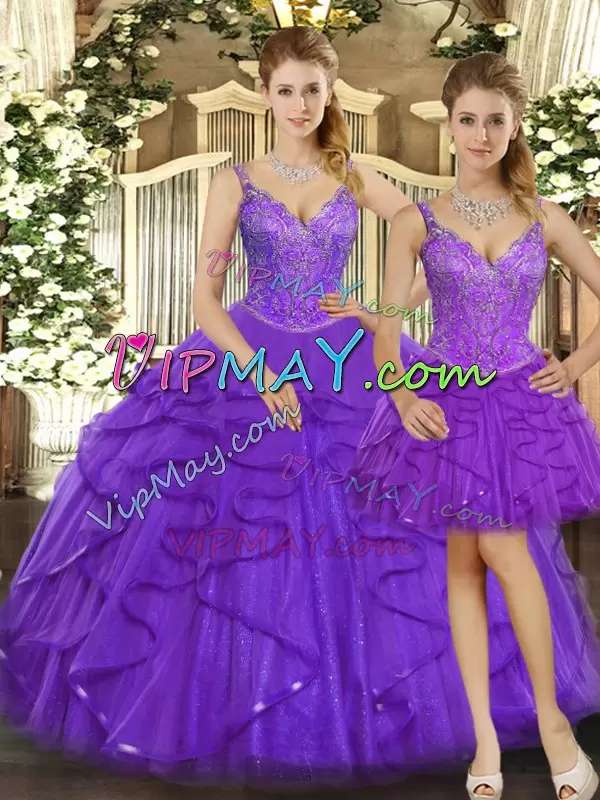 Sleeveless Floor Length Beading and Ruffles Lace Up Quinceanera Gowns with Purple