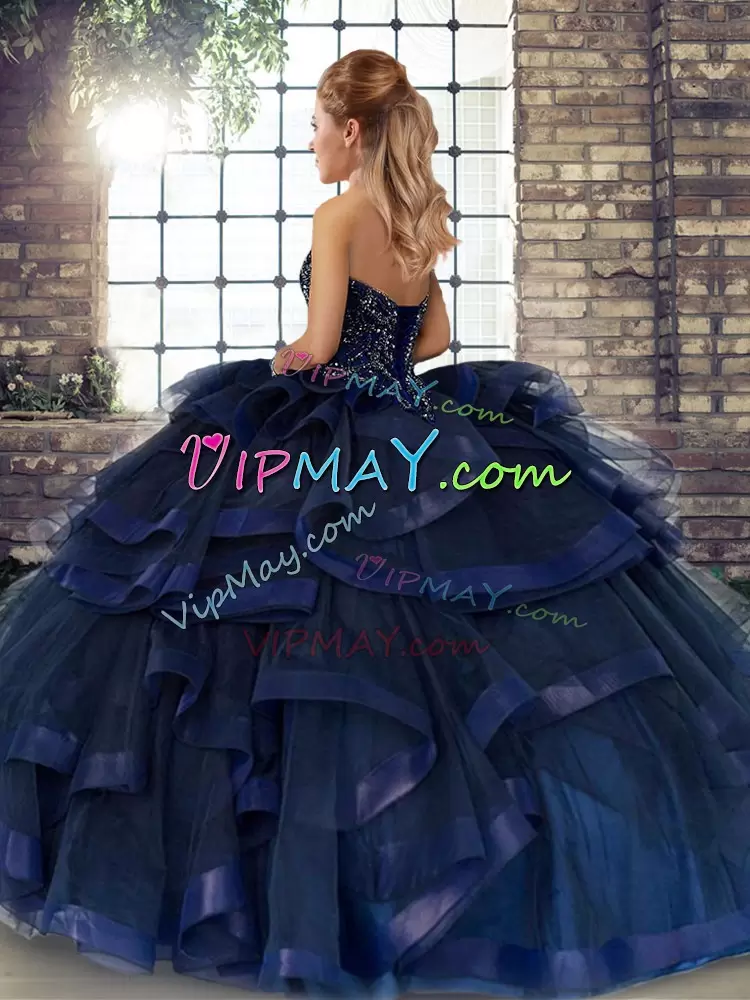 Unique Sweetheart Sleeveless Tulle Quince Ball Gowns Beading and Ruffles Lace Up