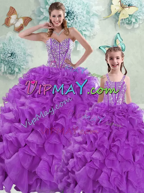 Sophisticated Eggplant Purple Ball Gowns Sweetheart Sleeveless Organza With Brush Train Lace Up Beading and Ruffles Ball Gown Prom Dress