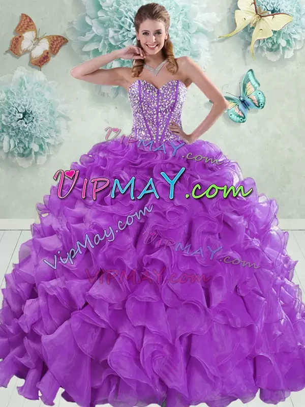 Sophisticated Eggplant Purple Ball Gowns Sweetheart Sleeveless Organza With Brush Train Lace Up Beading and Ruffles Ball Gown Prom Dress