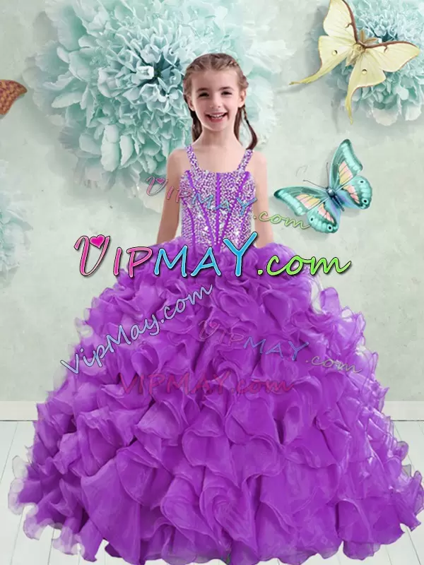 Sophisticated Eggplant Purple Ball Gowns Sweetheart Sleeveless Organza With Brush Train Lace Up Beading and Ruffles Ball Gown Prom Dress