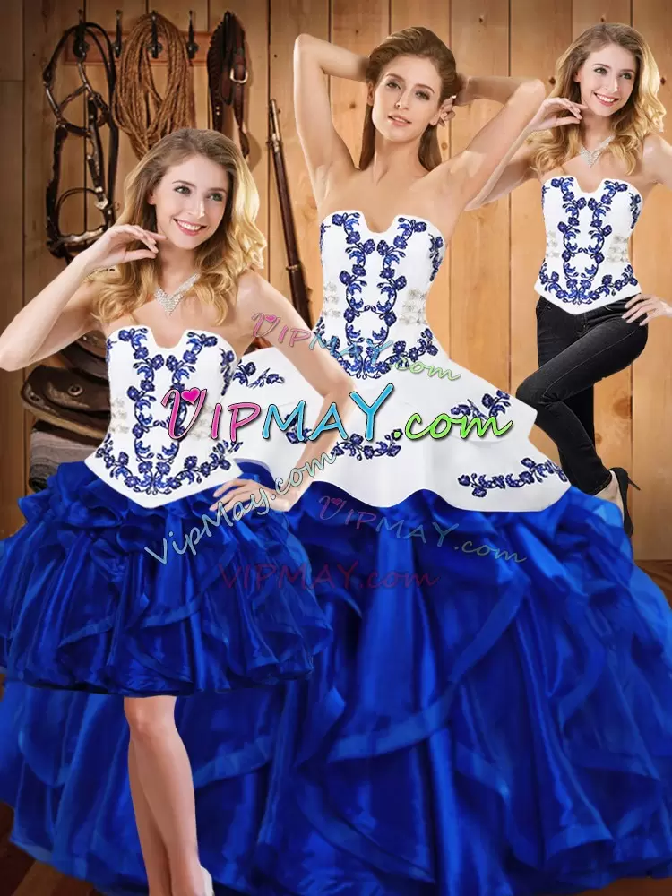 Classical Blue Satin and Organza Lace Up Strapless Sleeveless Floor Length 15th Birthday Dress Embroidery and Ruffles