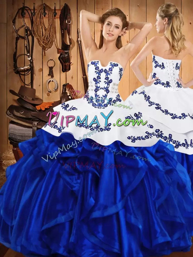 Classical Blue Satin and Organza Lace Up Strapless Sleeveless Floor Length 15th Birthday Dress Embroidery and Ruffles