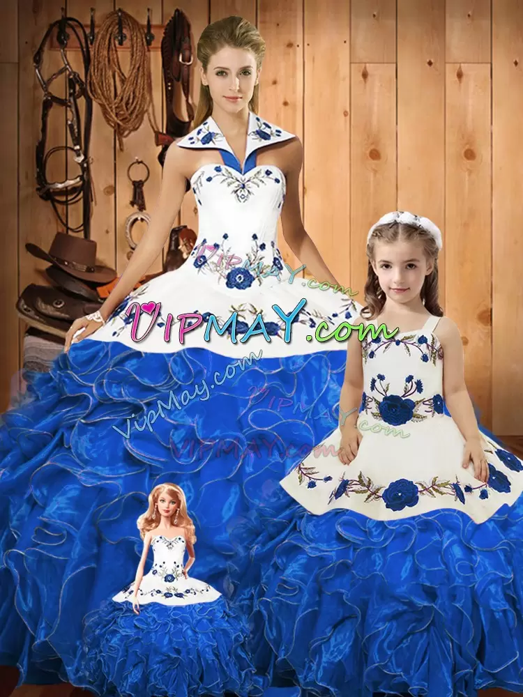 Fashionable Halter Top Sleeveless Lace Up Vestidos de Quinceanera Blue Tulle Embroidery and Ruffles