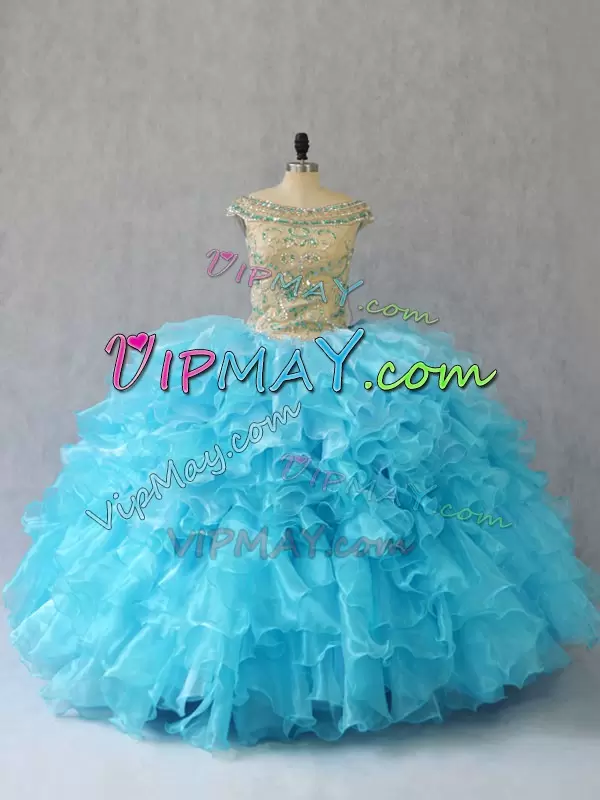 Latest Baby Blue Organza Lace Up Off The Shoulder Sleeveless Floor Length Sweet 16 Dresses Ruffles