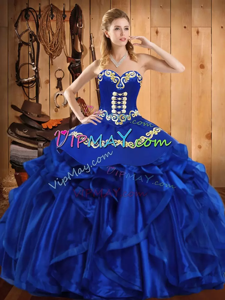 Embroidery and Ruffles Quinceanera Dress Royal Blue Lace Up Sleeveless Floor Length