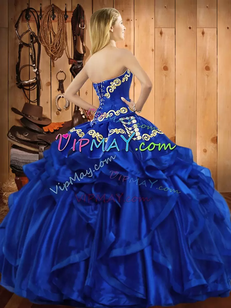 Embroidery and Ruffles Quinceanera Dress Royal Blue Lace Up Sleeveless Floor Length