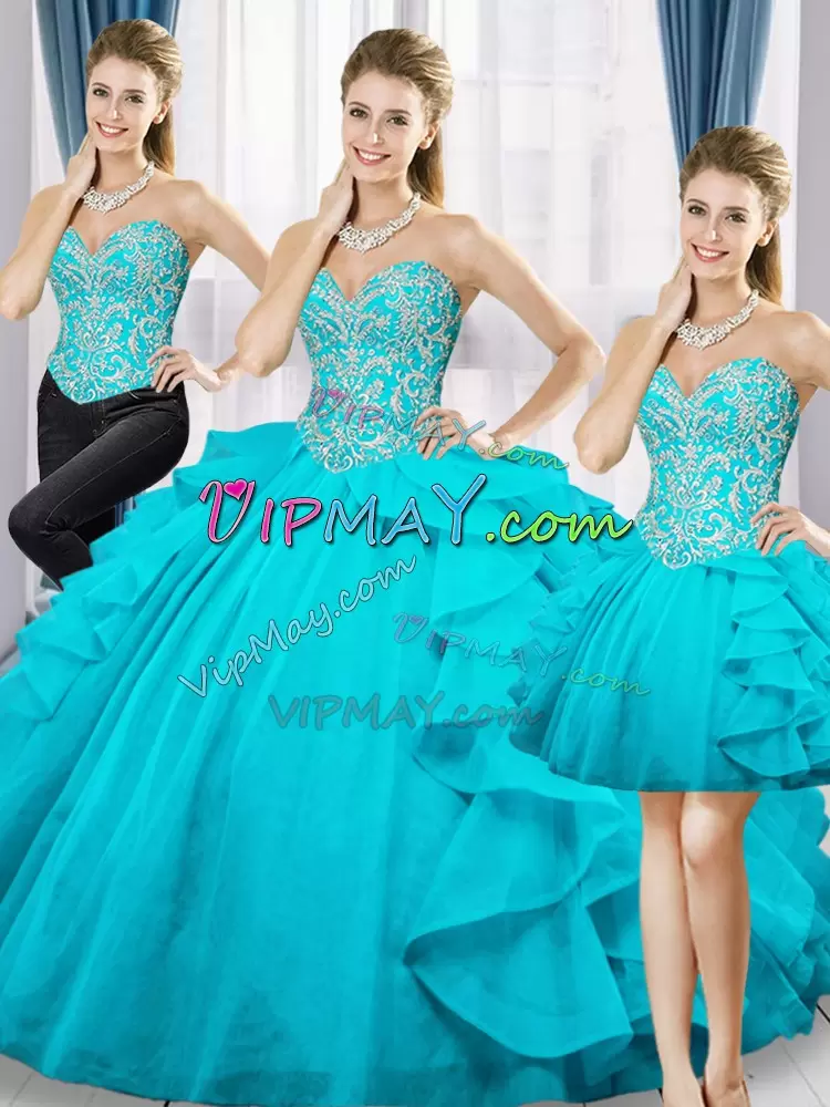 Floor Length Aqua Blue Quinceanera Dresses Organza Sleeveless Beading and Ruffles