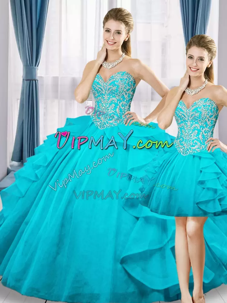 Floor Length Aqua Blue Quinceanera Dresses Organza Sleeveless Beading and Ruffles