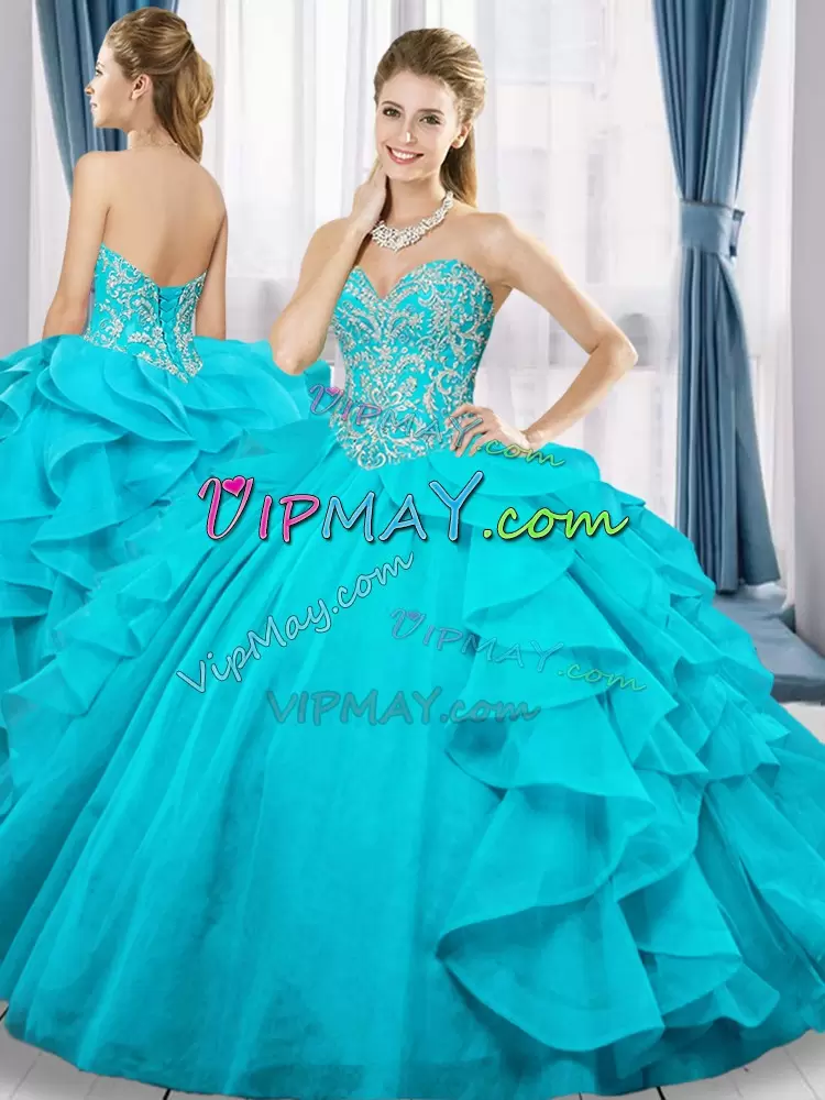 Floor Length Aqua Blue Quinceanera Dresses Organza Sleeveless Beading and Ruffles