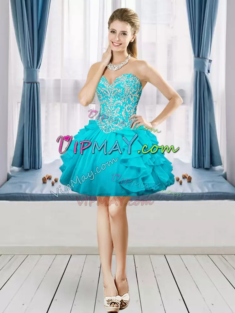 Floor Length Aqua Blue Quinceanera Dresses Organza Sleeveless Beading and Ruffles