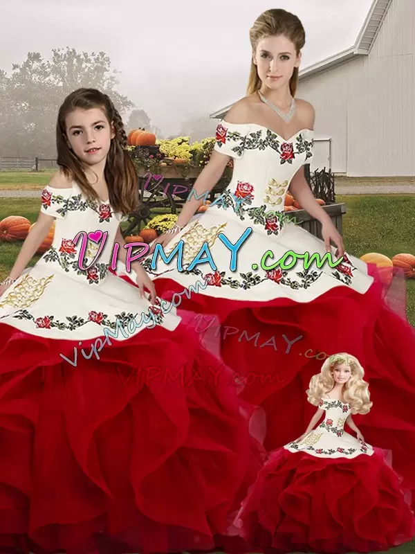 Fantastic White And Red Sleeveless Embroidery and Ruffles Floor Length Quinceanera Dress