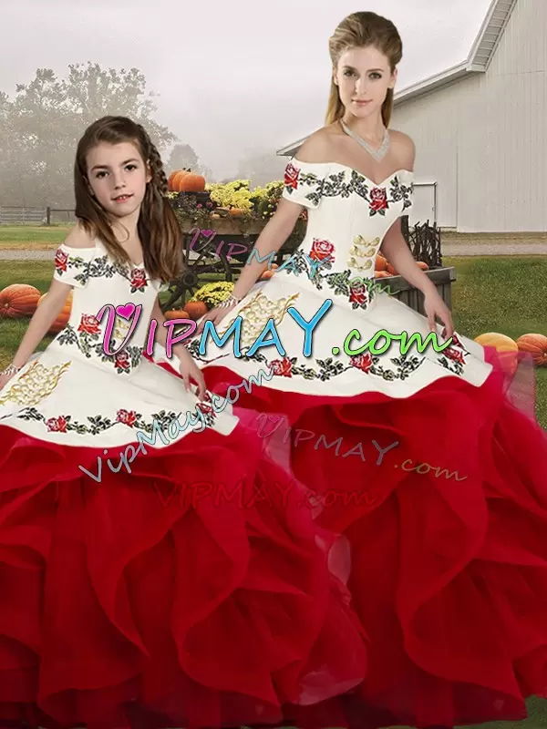 Fantastic White And Red Sleeveless Embroidery and Ruffles Floor Length Quinceanera Dress