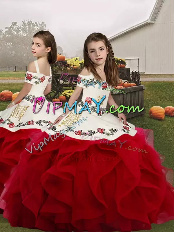 Fantastic White And Red Sleeveless Embroidery and Ruffles Floor Length Quinceanera Dress