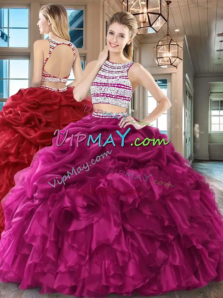 Sweet Fuchsia Two Pieces Scoop Sleeveless Organza Floor Length Backless Beading and Ruffles and Pick Ups Sweet 16 Quinceanera Dress