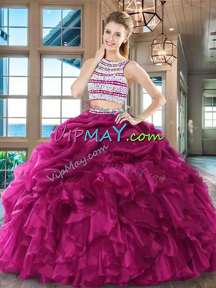 Sweet Fuchsia Two Pieces Scoop Sleeveless Organza Floor Length Backless Beading and Ruffles and Pick Ups Sweet 16 Quinceanera Dress