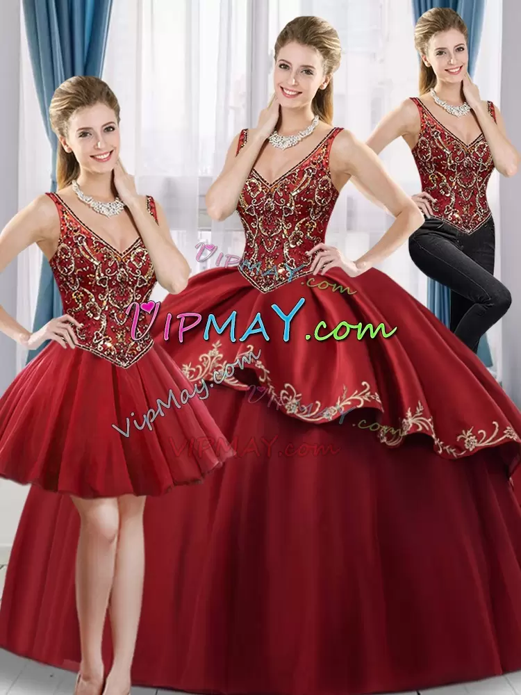 Low Price Wine Red Lace Up V-neck Beading and Embroidery Quinceanera Gowns Satin and Tulle Sleeveless