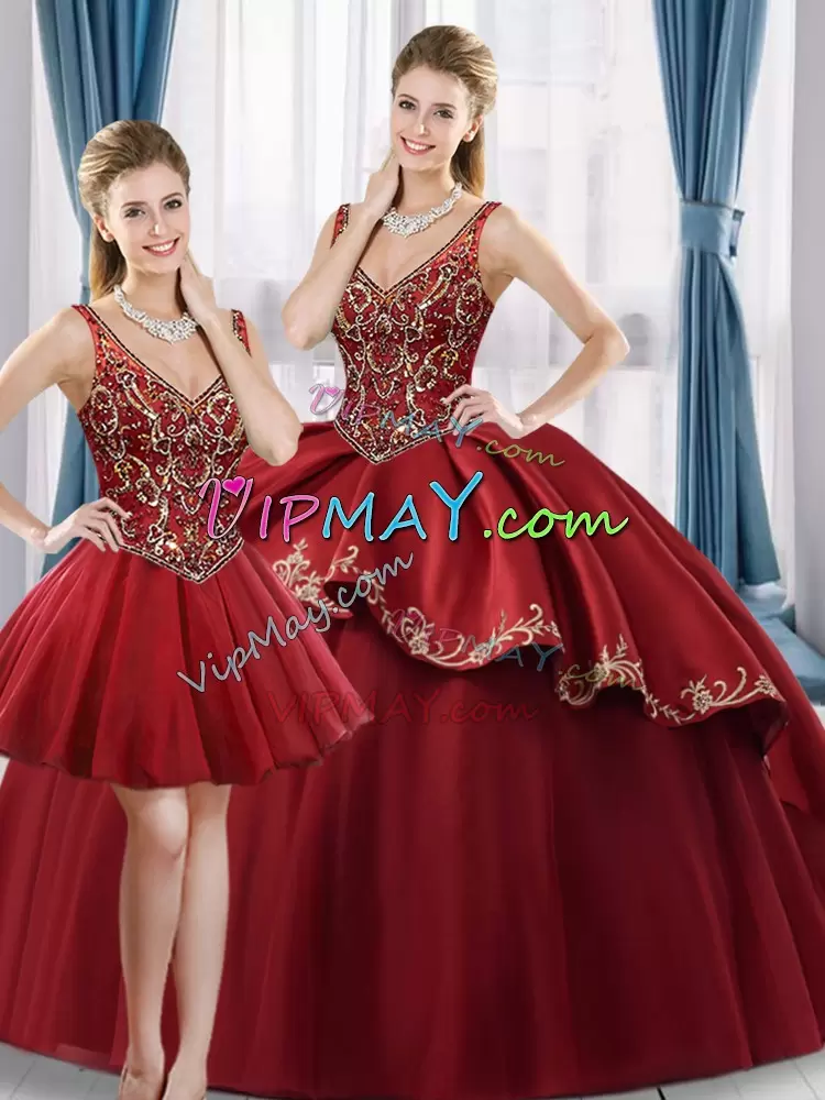 Low Price Wine Red Lace Up V-neck Beading and Embroidery Quinceanera Gowns Satin and Tulle Sleeveless