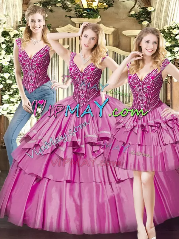 Hot Selling V-neck Sleeveless Organza Vestidos de Quinceanera Beading and Ruffled Layers Lace Up