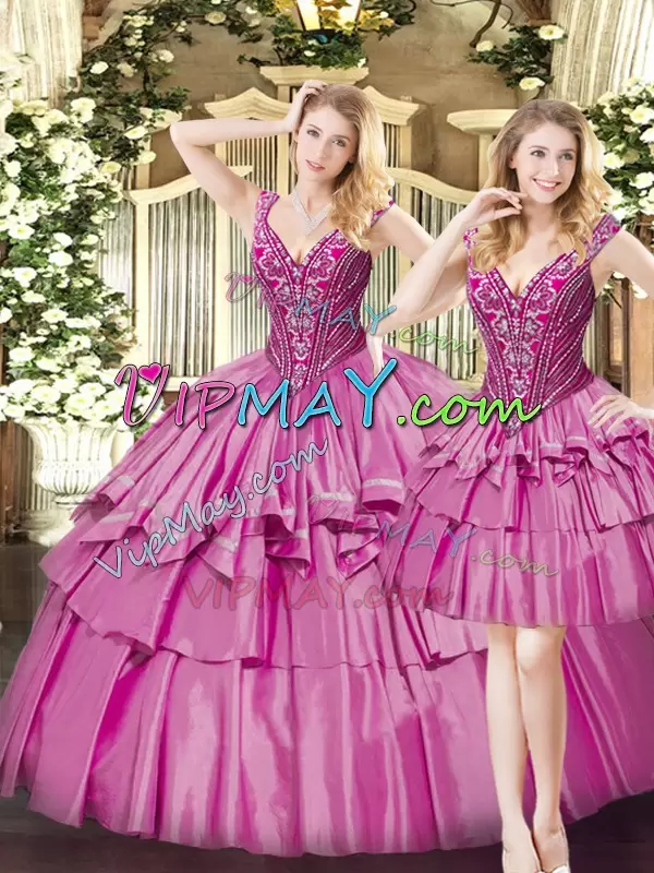 Hot Selling V-neck Sleeveless Organza Vestidos de Quinceanera Beading and Ruffled Layers Lace Up