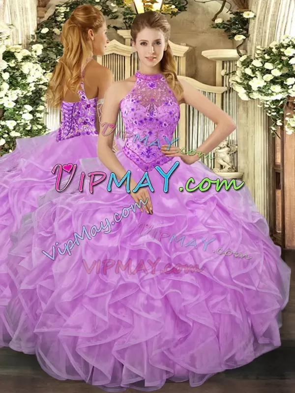 Luxury Halter Top Sleeveless Lace Up Vestidos de Quinceanera Lavender Organza Beading and Ruffles