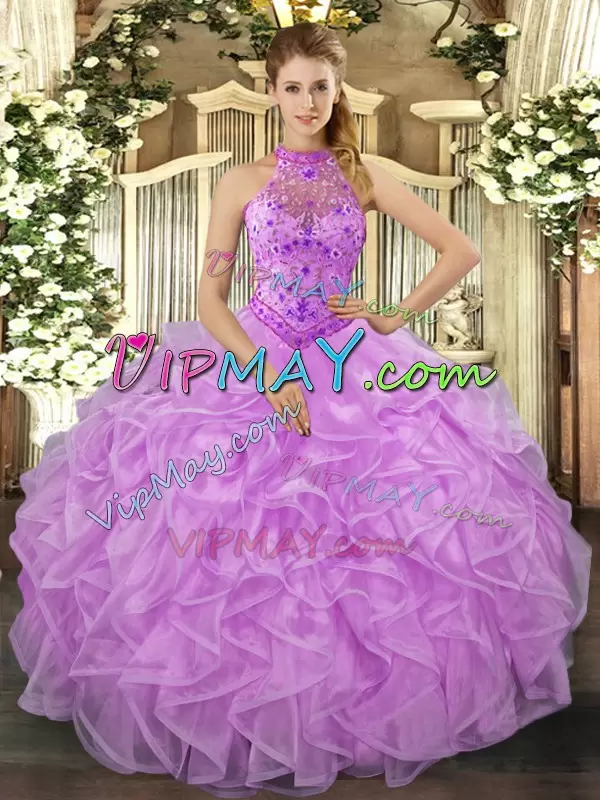 Luxury Halter Top Sleeveless Lace Up Vestidos de Quinceanera Lavender Organza Beading and Ruffles