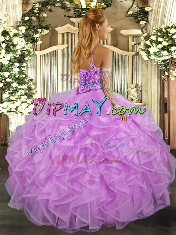 Luxury Halter Top Sleeveless Lace Up Vestidos de Quinceanera Lavender Organza Beading and Ruffles