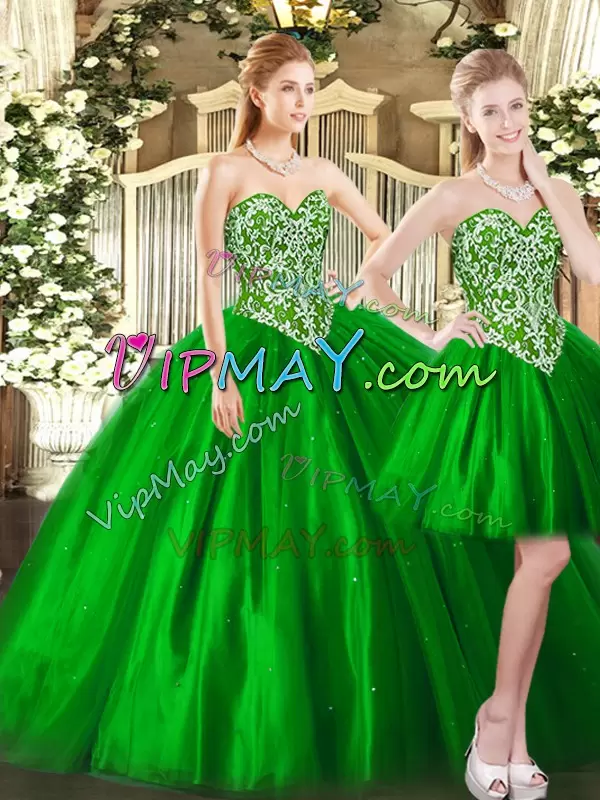 Sweetheart Sleeveless Lace Up Quinceanera Dress Green Tulle Beading