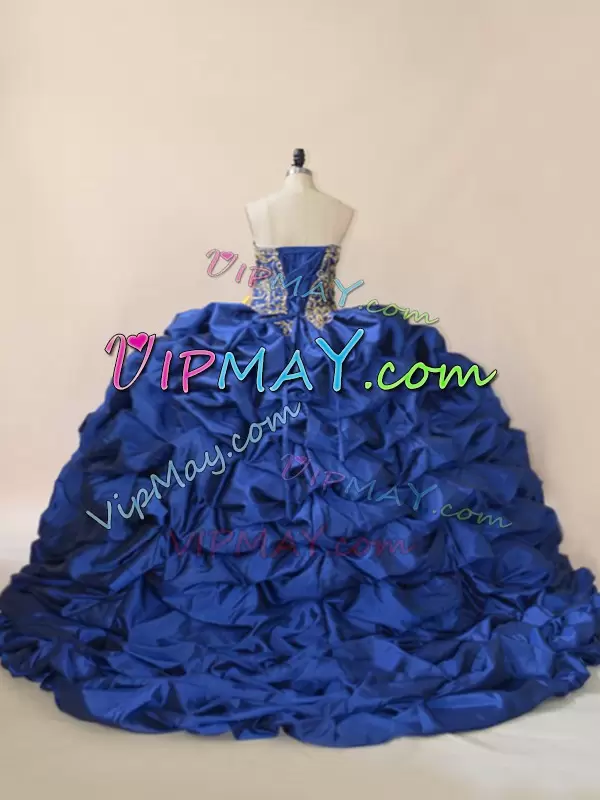 Royal Blue Taffeta and Tulle Lace Up Sweet 16 Dress Sleeveless Brush Train Beading