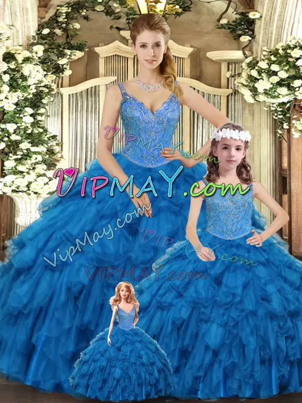 Suitable Teal Quinceanera Gowns Military Ball and Sweet 16 and Quinceanera with Beading and Ruffles Straps Sleeveless Lace Up