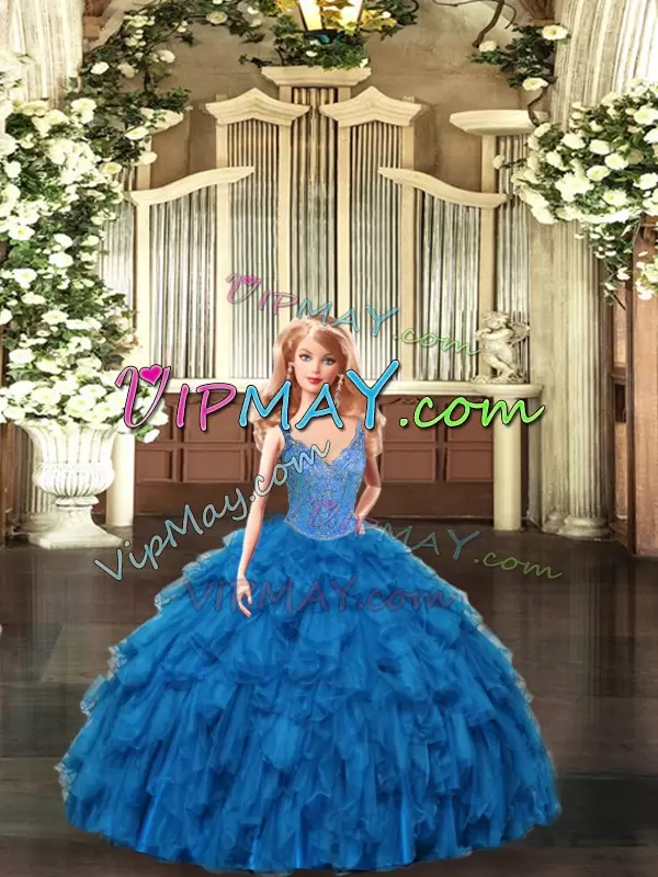 Suitable Teal Quinceanera Gowns Military Ball and Sweet 16 and Quinceanera with Beading and Ruffles Straps Sleeveless Lace Up