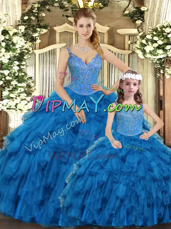 Suitable Teal Quinceanera Gowns Military Ball and Sweet 16 and Quinceanera with Beading and Ruffles Straps Sleeveless Lace Up