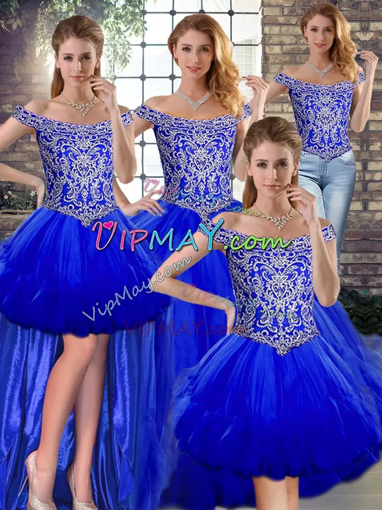 Decent Royal Blue Ball Gowns Tulle Off The Shoulder Sleeveless Beading and Ruffles Floor Length Lace Up Quinceanera Gowns