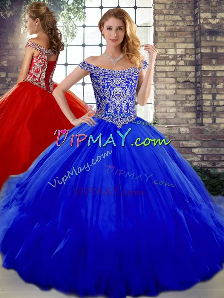 Decent Royal Blue Ball Gowns Tulle Off The Shoulder Sleeveless Beading and Ruffles Floor Length Lace Up Quinceanera Gowns