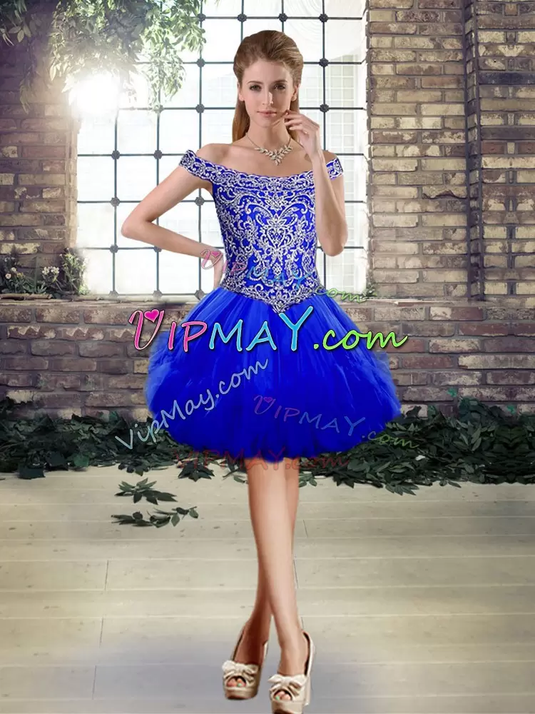 Decent Royal Blue Ball Gowns Tulle Off The Shoulder Sleeveless Beading and Ruffles Floor Length Lace Up Quinceanera Gowns