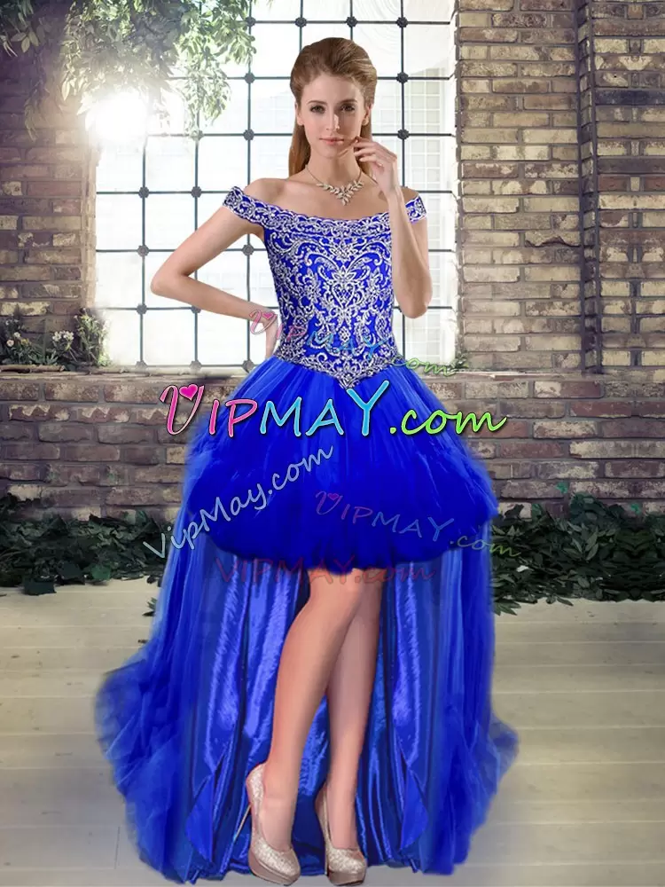 Decent Royal Blue Ball Gowns Tulle Off The Shoulder Sleeveless Beading and Ruffles Floor Length Lace Up Quinceanera Gowns