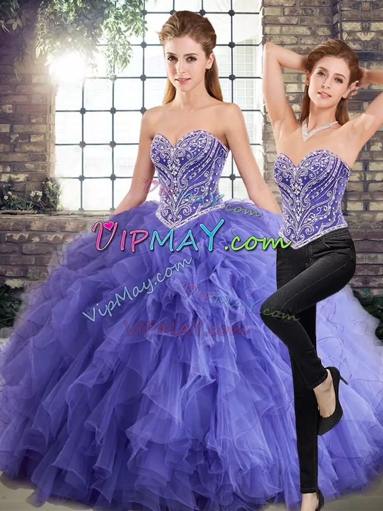 Floor Length Lavender Quince Ball Gowns Tulle Sleeveless Beading and Ruffles