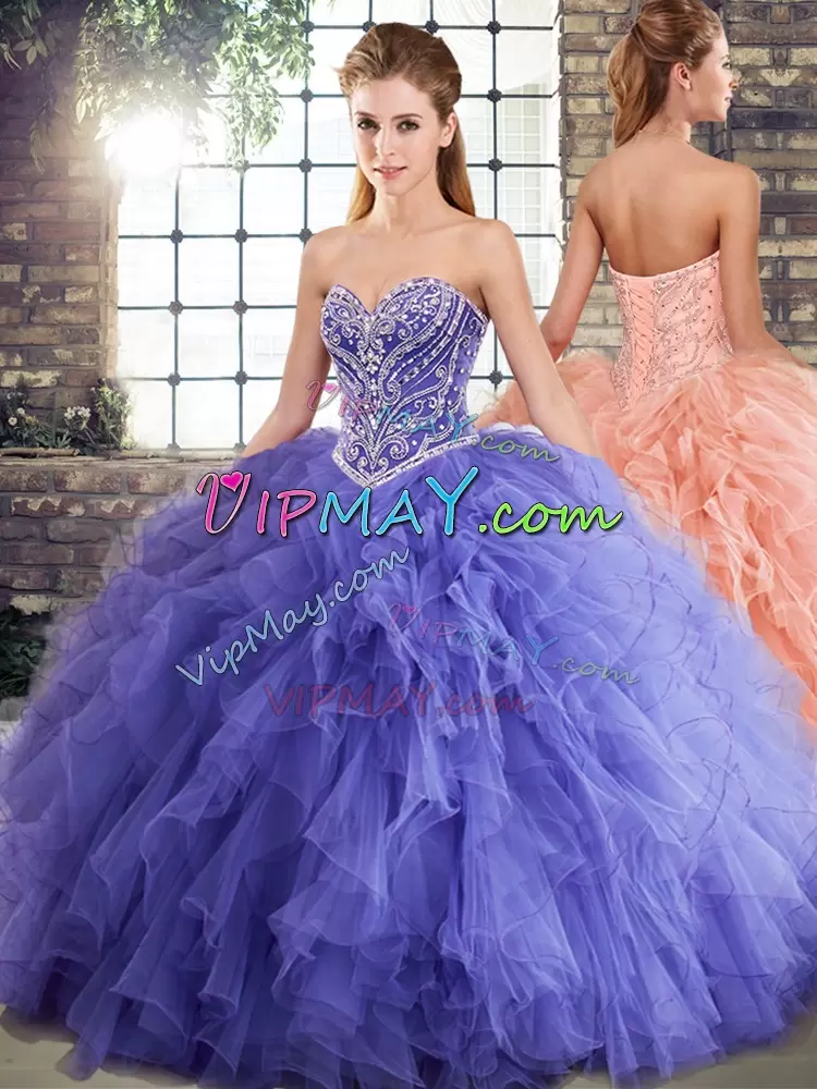 Floor Length Lavender Quince Ball Gowns Tulle Sleeveless Beading and Ruffles