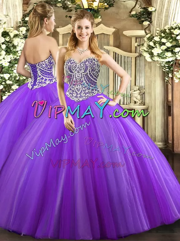 Sophisticated Lavender Sleeveless Beading Floor Length Quinceanera Dress