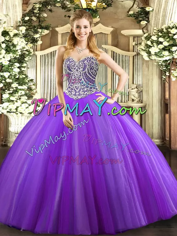 Sophisticated Lavender Sleeveless Beading Floor Length Quinceanera Dress