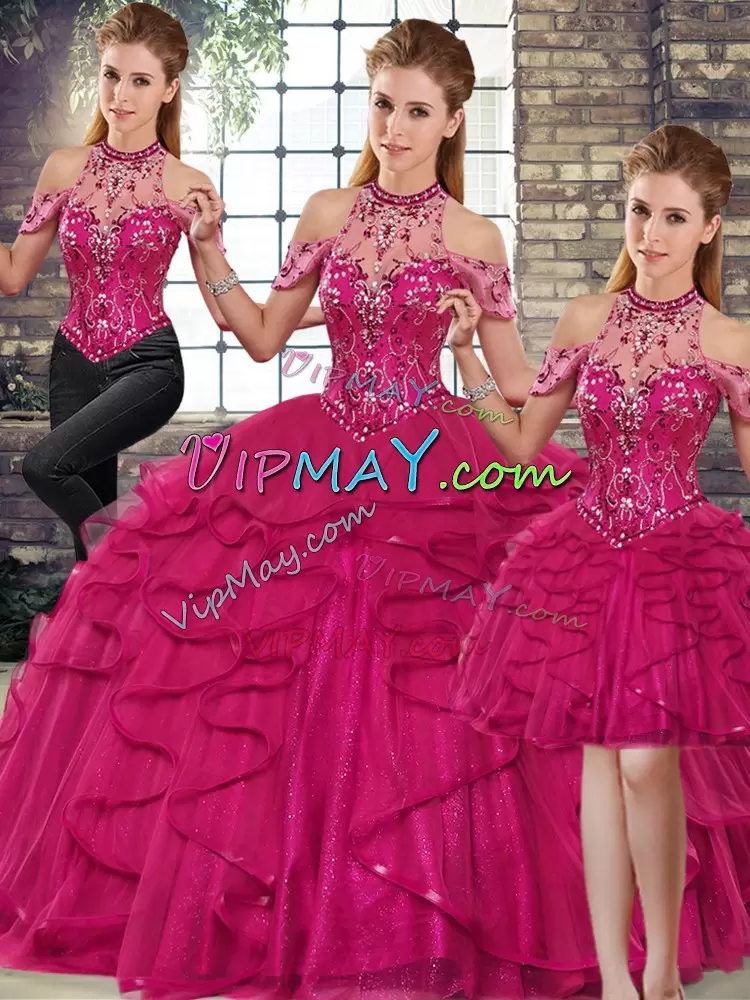 Sleeveless Halter Top Beading and Ruffles Lace Up Sweet 16 Quinceanera Dress