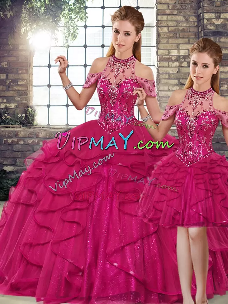 Sleeveless Halter Top Beading and Ruffles Lace Up Sweet 16 Quinceanera Dress