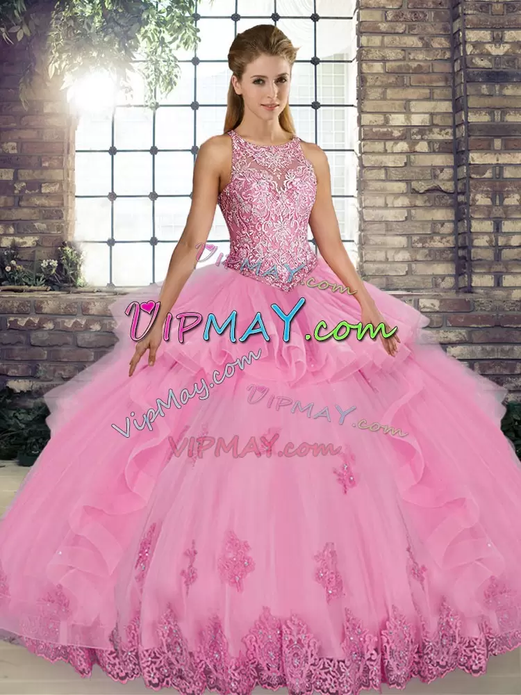 Classical Scoop Sleeveless 15th Birthday Dress Floor Length Lace and Embroidery and Ruffles Rose Pink Tulle