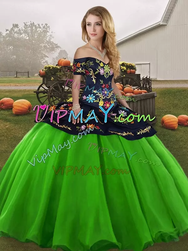 Green Tulle Lace Up Off The Shoulder Sleeveless Floor Length 15 Quinceanera Dress Embroidery