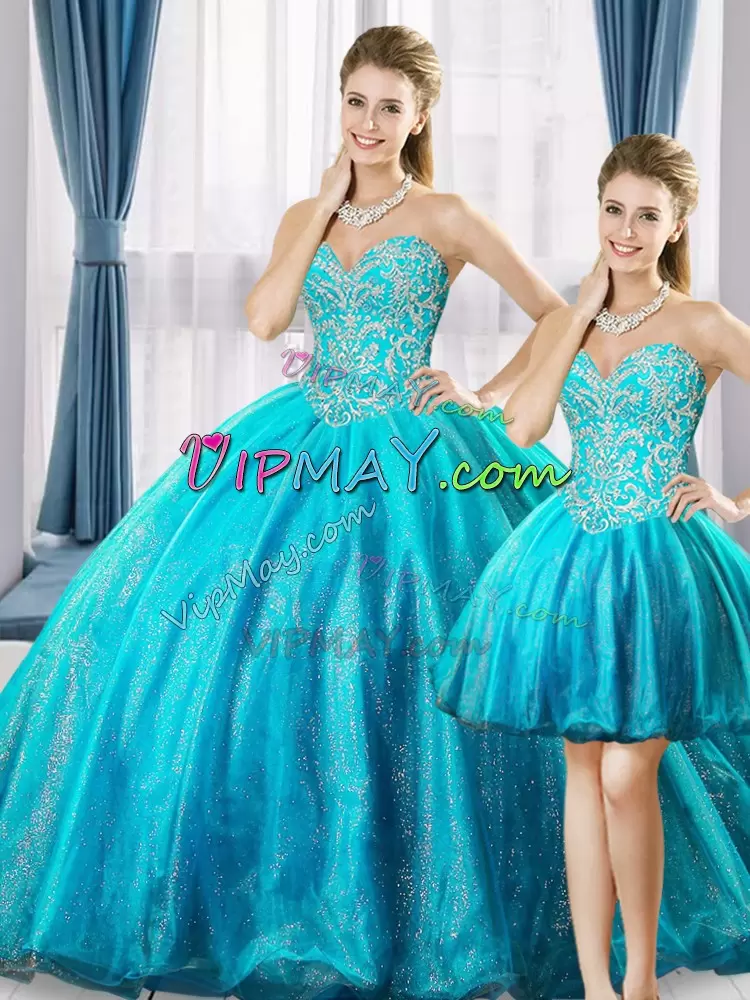 Blue Sweetheart Neckline Beading Quince Ball Gowns Sleeveless Lace Up